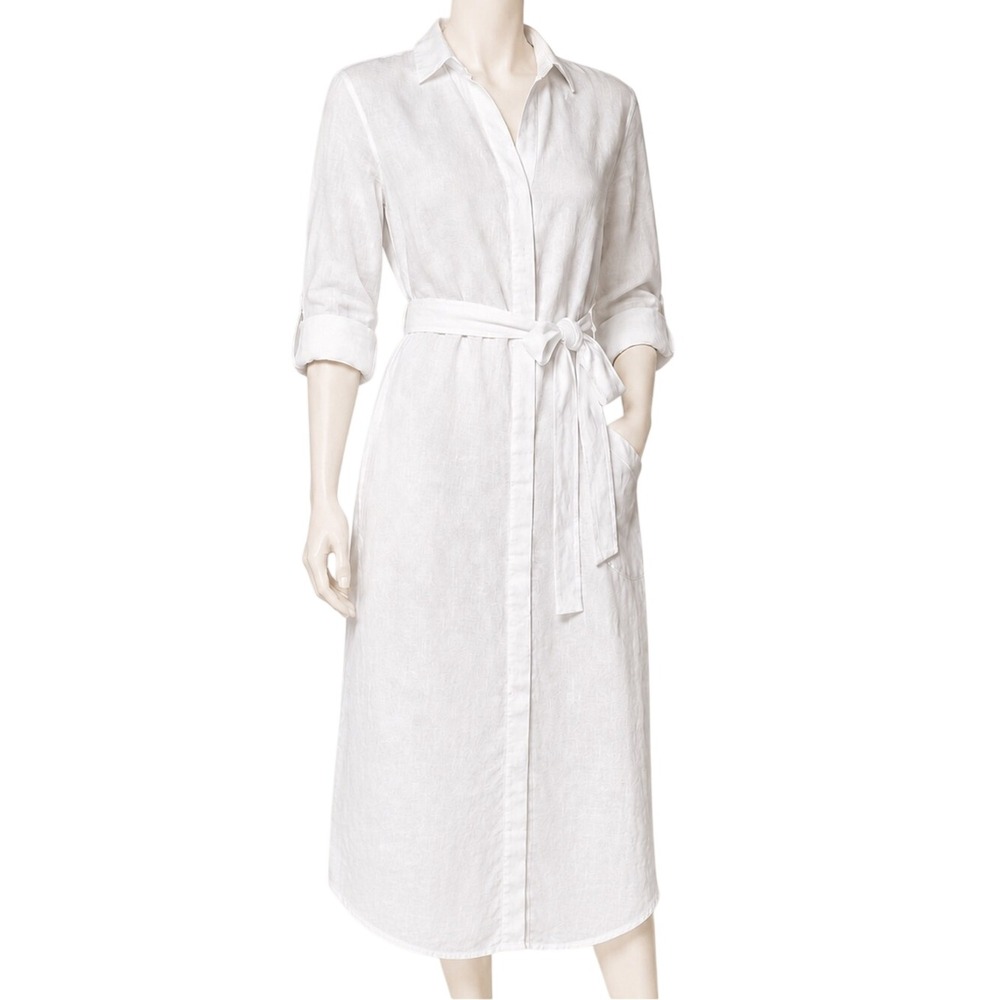 SAKS FIFTH AVENUE 100% Linen White Belted Shirt Dress High-Low w/ Pockets | Sz M